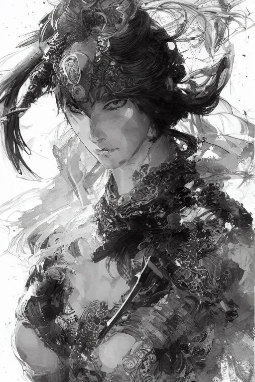 Prompt: portrait of anime woman warrior, pen and ink, intricate line drawings, by craig mullins, ruan jia, kentaro miura, greg rutkowski, loundraw