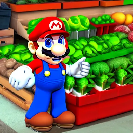 Image similar to game character mario selling vegetables on a farmer's market, morning, photorealistic