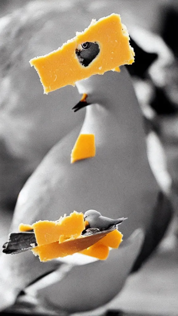 Image similar to 1 9 6 0 s food magazine photo of a pigeon made out of cheddar cheese and ham, soft focus