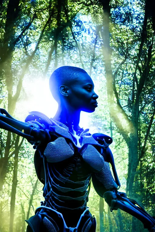 Prompt: hyperrealistic mithra goregous black woman exoskeleton bone armor in a forest sun behind her concept art eric zener elson peter cinematic blue light low angle hd 8k sharp shallow depth of field