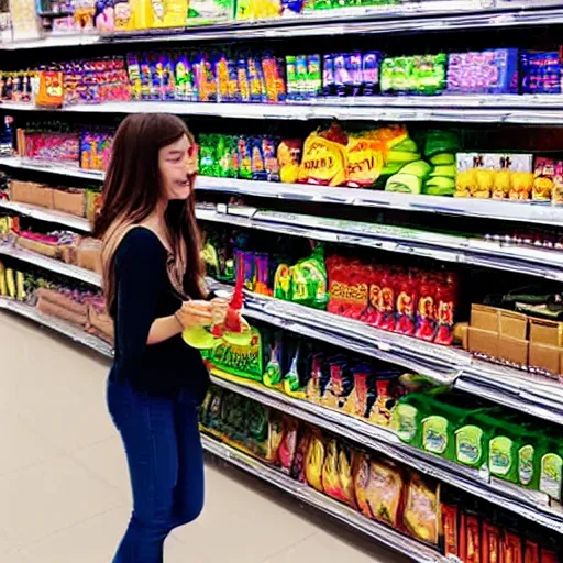 Prompt: teenage female goblin buying in grocery store, oil paint