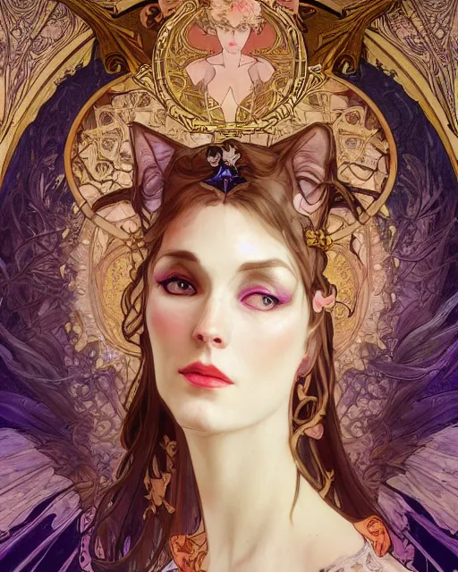 Image similar to wlop and alfons mucha detailed portrait digital rococo painting of a beautiful serious cat wearing fantasy clothing like liliana vess. the cat has black angel wings, evil mood, hellish battlefield in the background, unreal engine, embers flying, hyper realism, realistic shading, cinematic composition, blender render, octane render, ultrawide shot