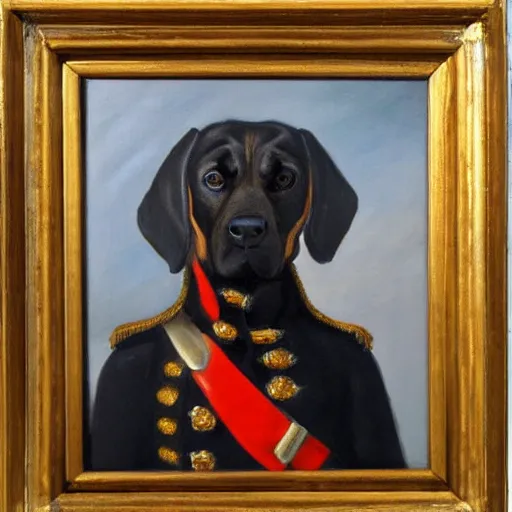 Prompt: oil painting of a black beagle, dressed like napoleonic officer