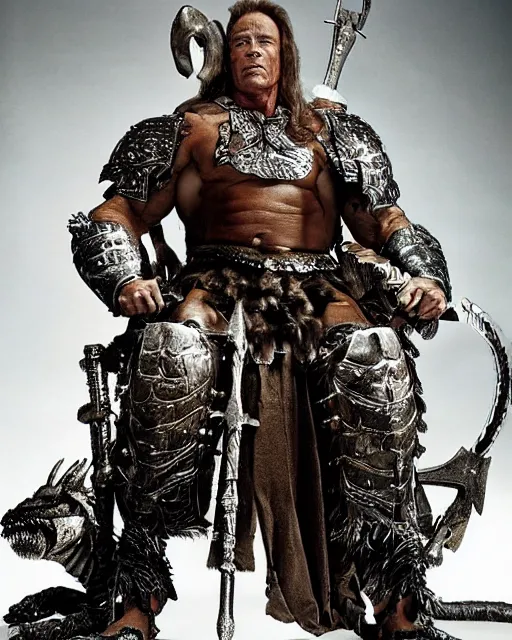 Image similar to arnold schwarzenegger as king conan, directed by john millius, photorealistic, sitting on a metal throne, wearing ancient cimmerian armor, a battle axe to his side, he has a beard and graying hair, on the floor in front of him is an armored komodo dragon, cinematic photoshoot in the style of annie leibovitz, studio lighting