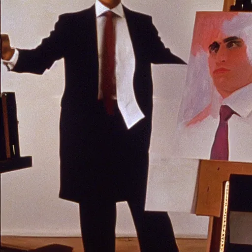 Image similar to Claude Monet painting Emmanuel Macron in American Psycho (1999)