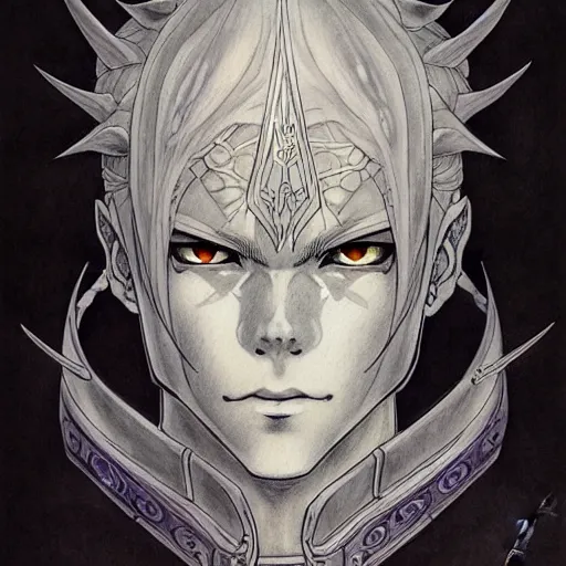 Prompt: prompt: portrait drawn by Katsuhiro Otomo, inspired by World of Warcraft characters, magical and alchemical objects on the side, soft light, white background, intricate detail, intricate ink painting detail, sharp high detail, manga and anime 2000