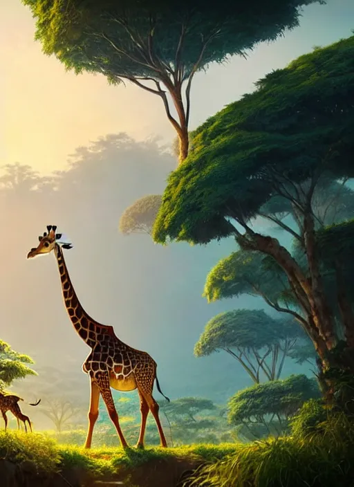 Image similar to a wholesome animation key shot of a giraffe, jungle in the background, studio ghibli, pixar and disney animation, sharp, rendered in unreal engine 5, anime key art by greg rutkowski, bloom, dramatic lighting