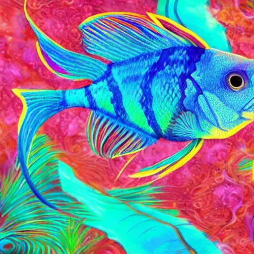 Prompt: coral underwater colorful, fantasy, intricate, highly detailed, little fish and sea life digital painting, hd, trending on artstation, illustration, fine lines, sharp edges, colourful, siamese fighting fish