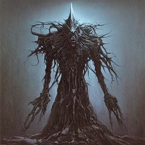 Image similar to shadowknight archfiend beksinski, eldritch, apocalypse, creepy creature, horror spooky