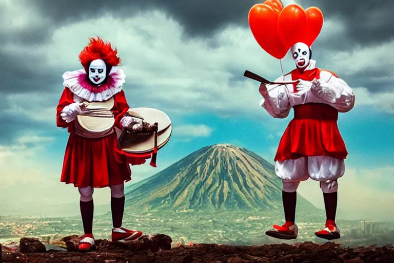 Image similar to pennywise as pulcinella!!! holding a pizza! with vesuvius in the background, glowing pools of lava, cloudy sky, an ultrafine detailed painting by joe fenton, full body, wide angle, post - apocalyptic feel, big depth of field, 3 d octane render, 4 k, perfect symmetrical face, masterpiece, hyperrealistic, trending on deviantart