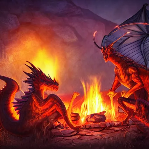 Prompt: dragons roasting kebabs near campfire, fire, magic, power metal album cover, fantasy epic legends game icon stylized digital illustration radiating a glowing aura global illumination ray tracing hdr fanart arstation by ian pesty and katarzyna da „ bek - chmiel