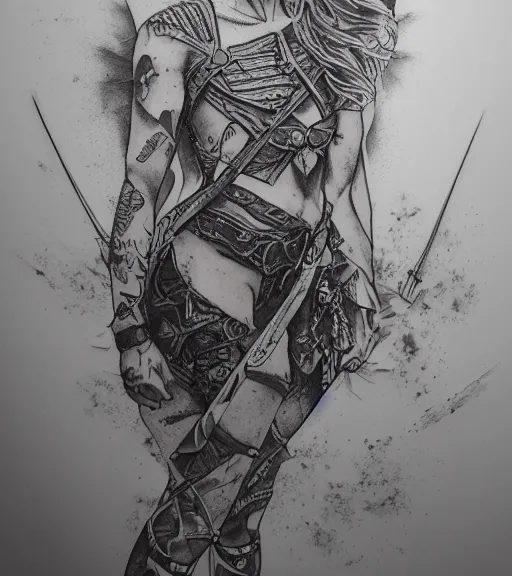 Prompt: tattoo design on paper of a hyper realistic beautiful girl warrior, hyper detailed, inspired by eliot kohek