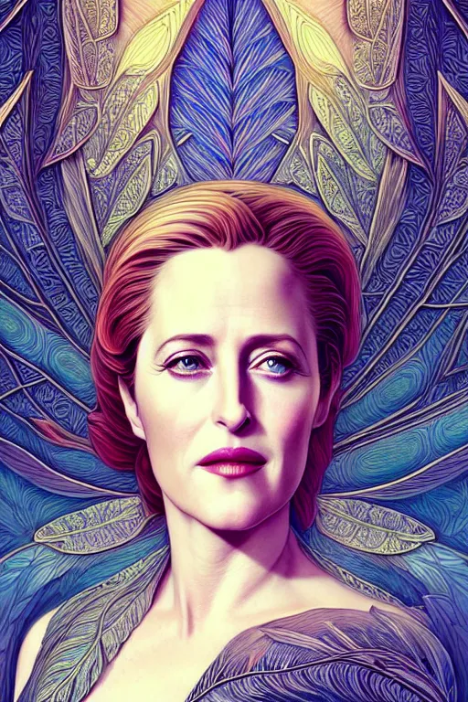 Image similar to young gillian anderson portrait, art deco, fantasy, intricate art deco leaf designs, elegant, highly detailed fractals, sharp focus, art by artgerm and beeple and greg rutkowski and wlop