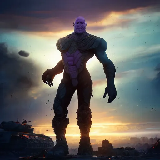 Image similar to portrait of Thanos standing on a tank in a post apocalyptic battlefield at sunrise, action pose, dramatic lighting, high contrast, cosmic horror, abstract, masterpiece, trending on ArtStation, by Moebius, blizzard concept artists, Greg Rutkovski and by Craig Mullins and by Ismail Inceoglu, backlight, rim lighting, god rays, lens flare, james cameron, cinematic, film still-H 704