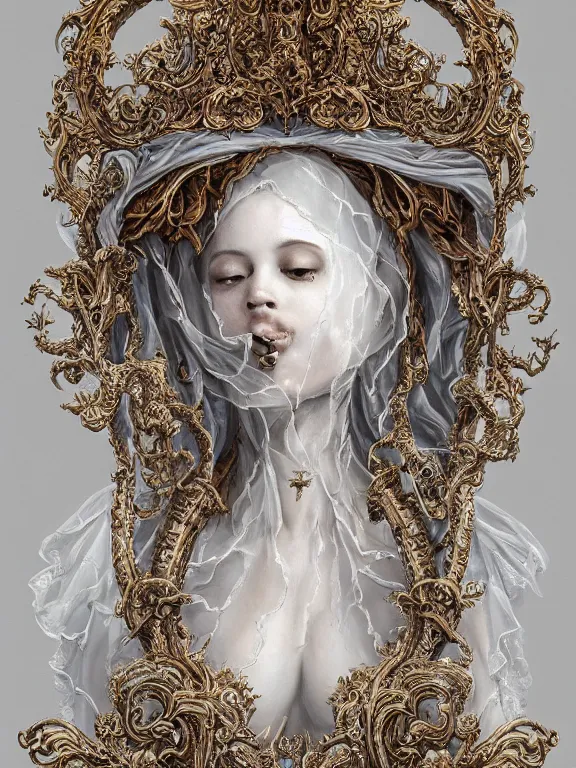 Image similar to a beautiful render of rococo catholic veiled queen with symmetry intricate detailed,by Nekro and aaron horkey and peter gric and Cedric Peyravernay and Billelis,Trending on artstation,ZBrush,masterpiece,maximalist,glittering,gold,silver，ivory,hyperreal