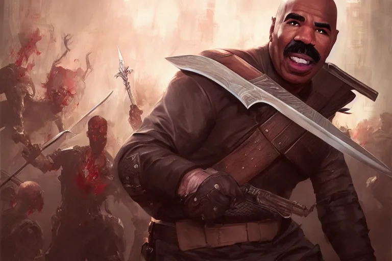 Image similar to portrait of steve harvey with a broadsword, fighting a zombie horde, charlie bowater, artgerm, ilya kuvshinov, krenz cushart, ruan jia, realism, ultra detailed, 8 k resolution