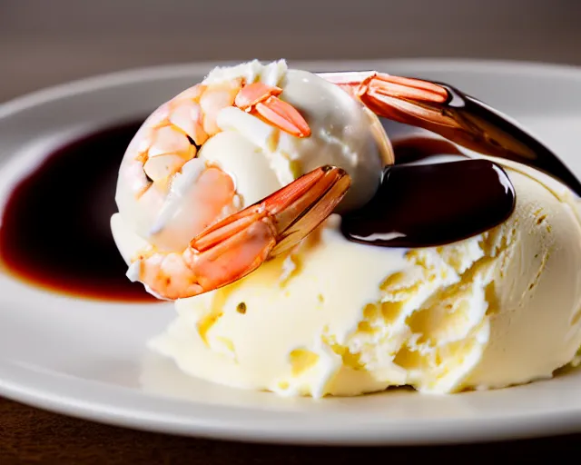 Image similar to dslr food photograph of vanilla ice cream with shrimp on, some chocolate sauce, 8 5 mm f 1. 4