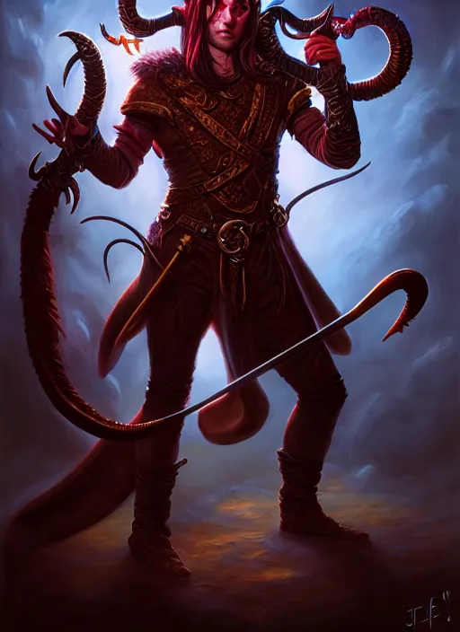 Image similar to tiefling bard, full body, hyper realistic, extremely detailed, dnd character art portrait, dark fantasy art, intricate fantasy painting, dramatic lighting, vivid colors, deviantart, artstation, by jeff easley.