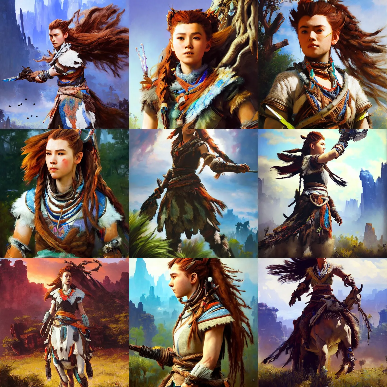 Prompt: painting of aloy from horizon zero dawn by jean - leon gerome and otto pilny and adrien henri tanoux