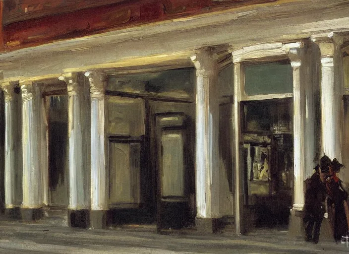 Image similar to artwork painting of the storefront front of a building by ivan shishkin, john singer sargent