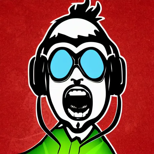 Image similar to svg vector sticker of absolutely insane-mad-scientist-villain, rocking out, wearing headphones, huge speakers, dancing, rave, DJ, spinning records, digital art, amazing composition, rule-of-thirds, award-winning, trending on artstation, featured on deviantart