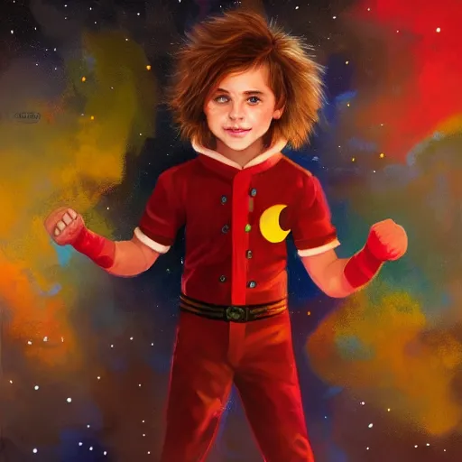 Image similar to colorful and festive captivating young child boy, brown fluffy hair, wearing red and yellow hero suit, shooting a crescent moon out of his fist. full body, rich vivid colors, ambient lighting, dynamic lighting, 4 k, atmospheric lighting, painted, intricate, highly detailed by charlie bowater