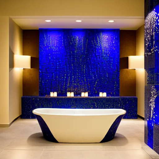 Prompt: luxury hotel spa with lapis lazuli walls