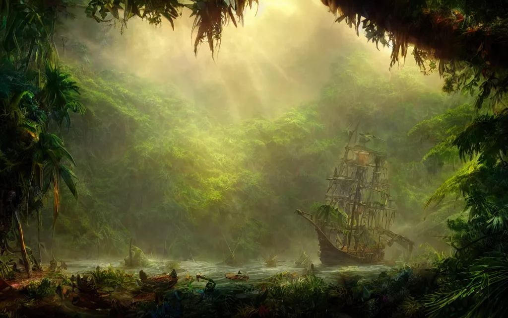 Prompt: a large pirate ship in a dense jungle, misty background, light rays, beautiful lighting, vivid colors, intricate, elegant, highly detailed digital painting, concept art, smooth, sharp focus, unreal engine, 4 k wallpaper, trending on cgsociety, trending on artstation