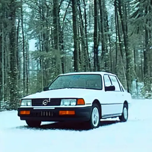 Prompt: vhs footage of a 1 9 9 5 volvo car in a snowy forest