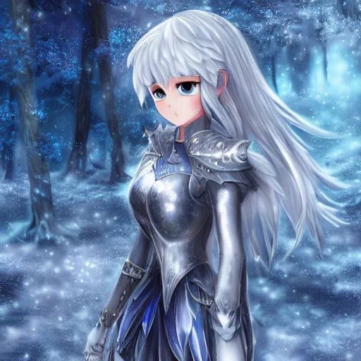 Image similar to portrait focus of knight beautiful 3D anime girl, silver Frozen ice armor wearing, dark forest background, snowing, bokeh, inspired by Masami Kurumada, digital painting, high contrast, unreal engine render, volumetric lighting, high détail