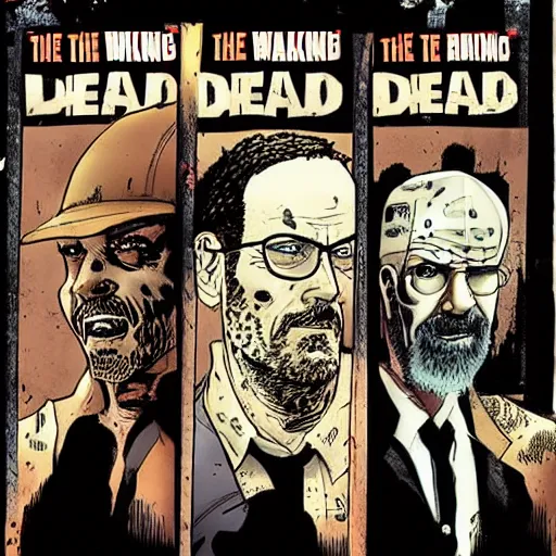 Image similar to “the walking dead comic cover featuring the cast of breaking bad in the style of Glenn Fabry.”