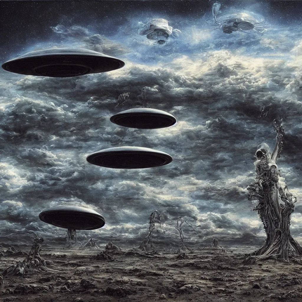 Prompt: ufo landing at the most interesting place in the universe, hyper realistic detailed by Bob Ross and H.R. Giger