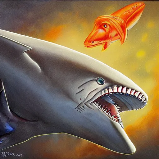 Prompt: julie bell illustration of a shark, Alien mouth