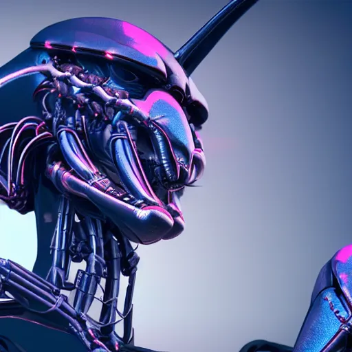 Prompt: synthwave cyborg insect aliens, detailed face, sharp focus, synthwave art, aesthetic, octane render, raw, cinematic