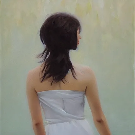 Prompt: dark haired lady with white dress floating in water, detailed oil painting, high quality, natural lighting by eva marini and arthur braginsky