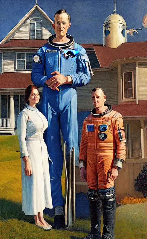 Image similar to an astronaut couple in front of farm house American Gothic style, spaceship in background, 8k, digital art, drawn by j.c. leyendecker, amazing quality