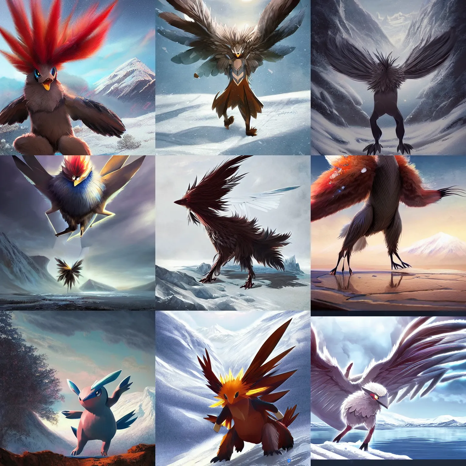 Prompt: a beautiful steel type pokemon, flawless feathers bursting out of his hair, full body shot, highly detailed digital art, 3 d perspective, award - winning illustration, aesthetic, smooth, pokemon style, made by greg rutkowski, with snowy mountain landscape in the background