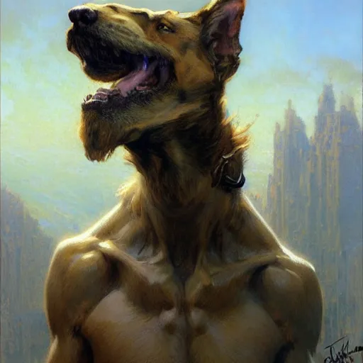 Prompt: a portrait of a giant dogman. highly detailed painting by gaston bussiere, craig mullins, j. c. leyendecker, furry