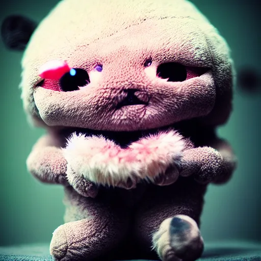 Image similar to photo of cute plush fluffy chibi monster, bokeh background, by giger, wayne barlowe, dariusz zawadzki, zdzislaw beksinski