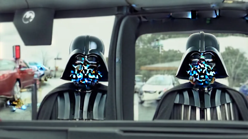 Image similar to Darth Vader at Mcdonalds Drive through, film still from the movie directed by Denis Villeneuve with art direction by Salvador Dalí, wide lens