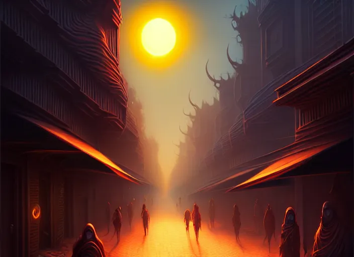 Image similar to a highly detailed bazaar street in a dune dark sun megacity, amazing d & d dark sun digital painting by anato finnstark, brom digital art, intricate details, ultra realistic, beautiful art, volumetric lighting, ultrarealistic, by art germ, by brom, trending cgsociety, artstation, dark sun theme, 8 k