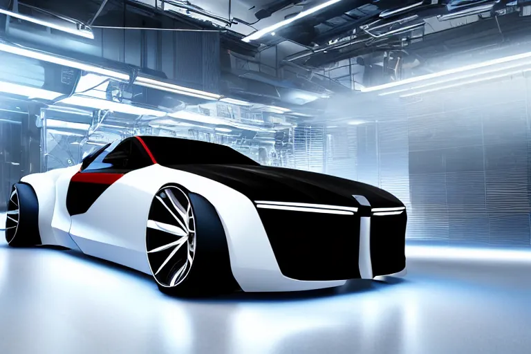 Image similar to cyberpunk bmw concept inspired sports car, futuristic look, highly detailed body, very expensive, photorealistic camera shot, bright studio setting, studio lighting, crisp quality and light reflections, unreal engine 5 quality render