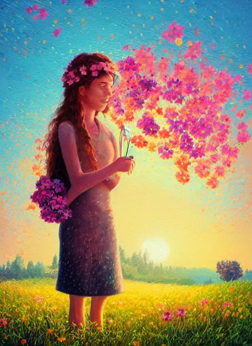 Image similar to girl with flower face, in a field with flowers, hills, big trees, sunrise dramatic light, impressionist painting, colorful clouds, digital painting, pointillism, artstation, simon stalenhag, flower head