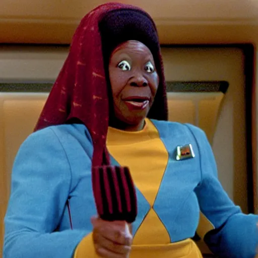 Image similar to guinan from star trek wearing random kitchen tools on her head on the starship enterprise, whoopi goldberg