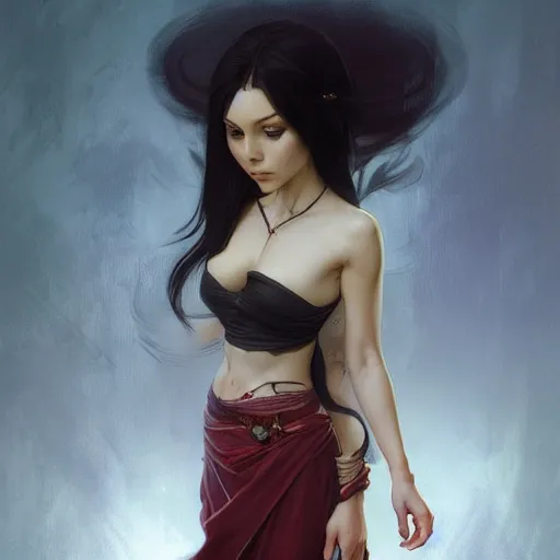 Image similar to Portrait of a beautiful young vampire girl chibi bare midriff, intricate, elegant, highly detailed, digital painting, artstation, concept art, smooth, sharp focus, illustration, art by artgerm and greg rutkowski and alphonse mucha