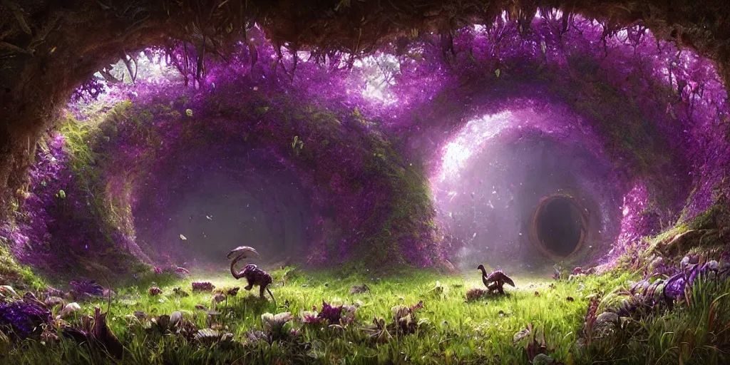 Prompt: beautiful hyper realistic zergling tunnel cave of purple crystals, overgrowth of grass, plants, mushrooms, beautiful painting by greg rutkowski, atmosphere, ethereal, magic, amazing, positive vibes