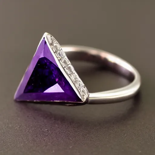 Image similar to a beautiful engagement ring, triangle purple gemstone, made out of shiny silver, high quality, photo realistic, detailed, 8k