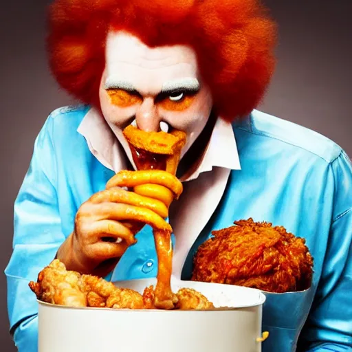 Image similar to Ronald McDonald eating a chicken leg out of a KFC bucket, hyper realistic, photography