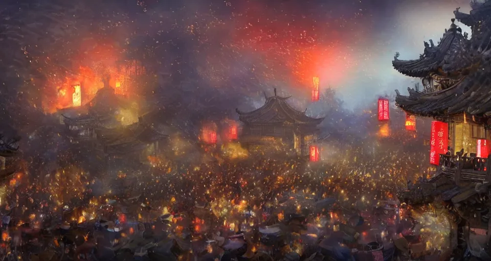 Image similar to craig mullins and ghibli digital art of zhongyuan festival in china ， lanterns ， unreal hell door with fire in the sky, black night sky, stars, below is the crowd, rivers, villages ， unreal engine, hyper realism, realistic shading, cinematic composition, realistic render, octane render, detailed textures, photorealistic, wide shot