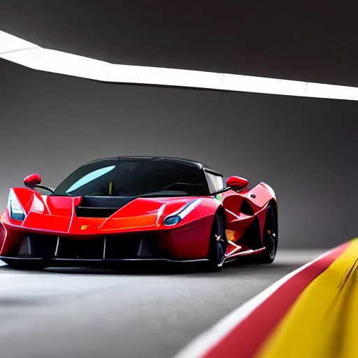 Prompt: 4K HD, high detail photograph,shot with Sigma f/ 4.2 , 250 mm sharp lens, overlap perspective, becoming the subject extreme wide shot ,shallow depth of field : (subject= ferrari laferrari and lewis hamilton + subject distance = very far + high detailed light refraction , high level texture render)